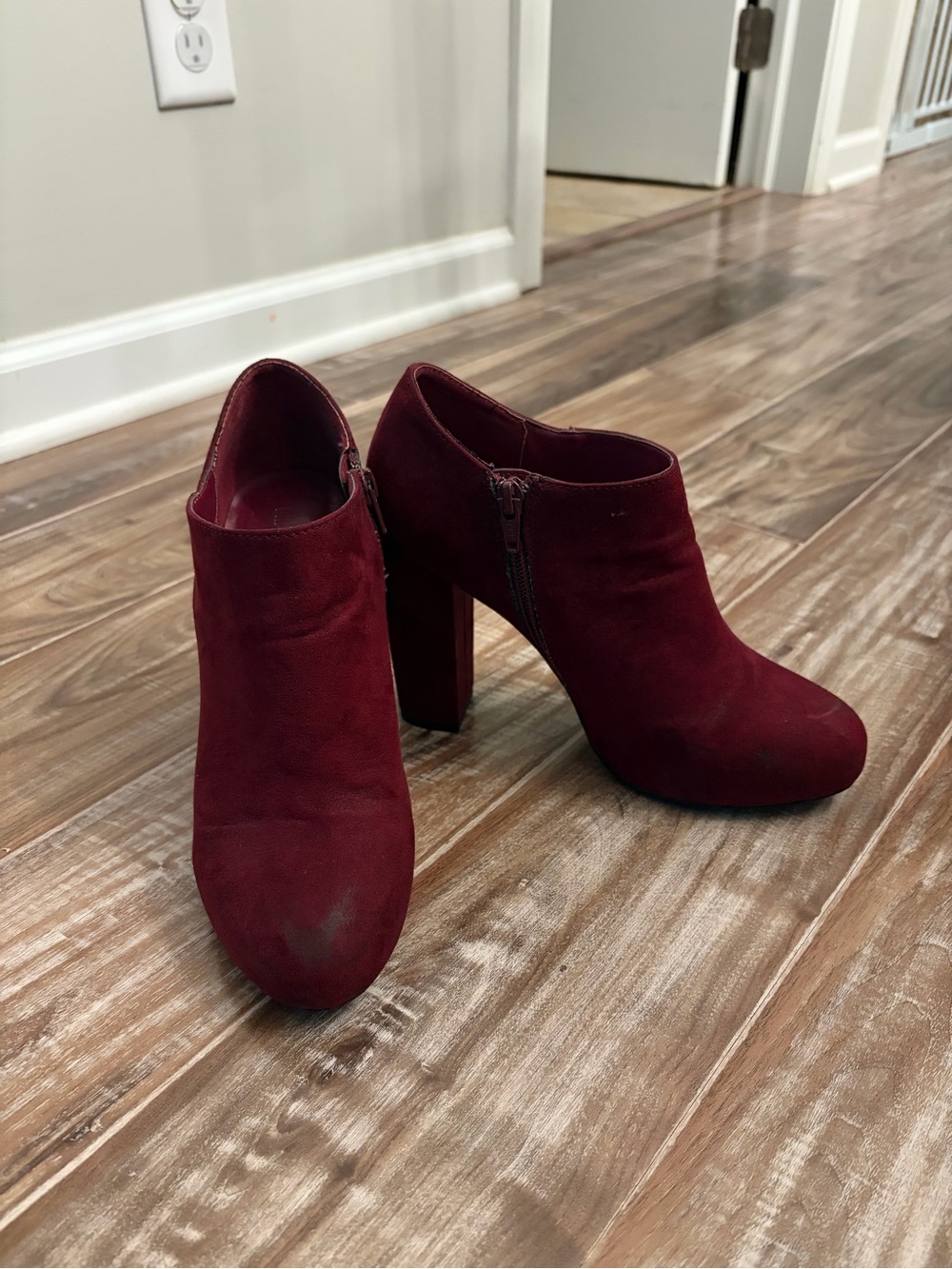 Nine West Burgundy Suede Block Heel Ankle Booties